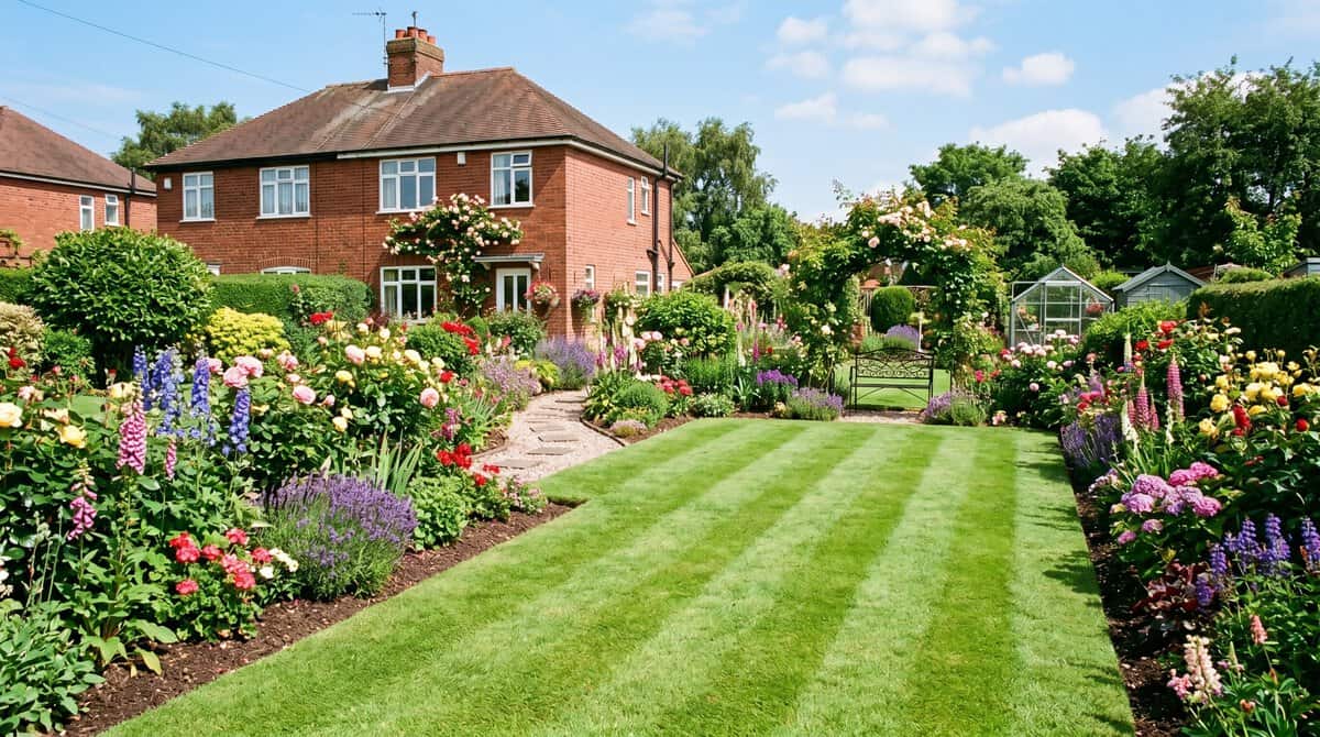 Professional garden maintenance in Stoke-on-Trent showing a perfectly striped, lush lawn and vibrant summer flower borders in July.