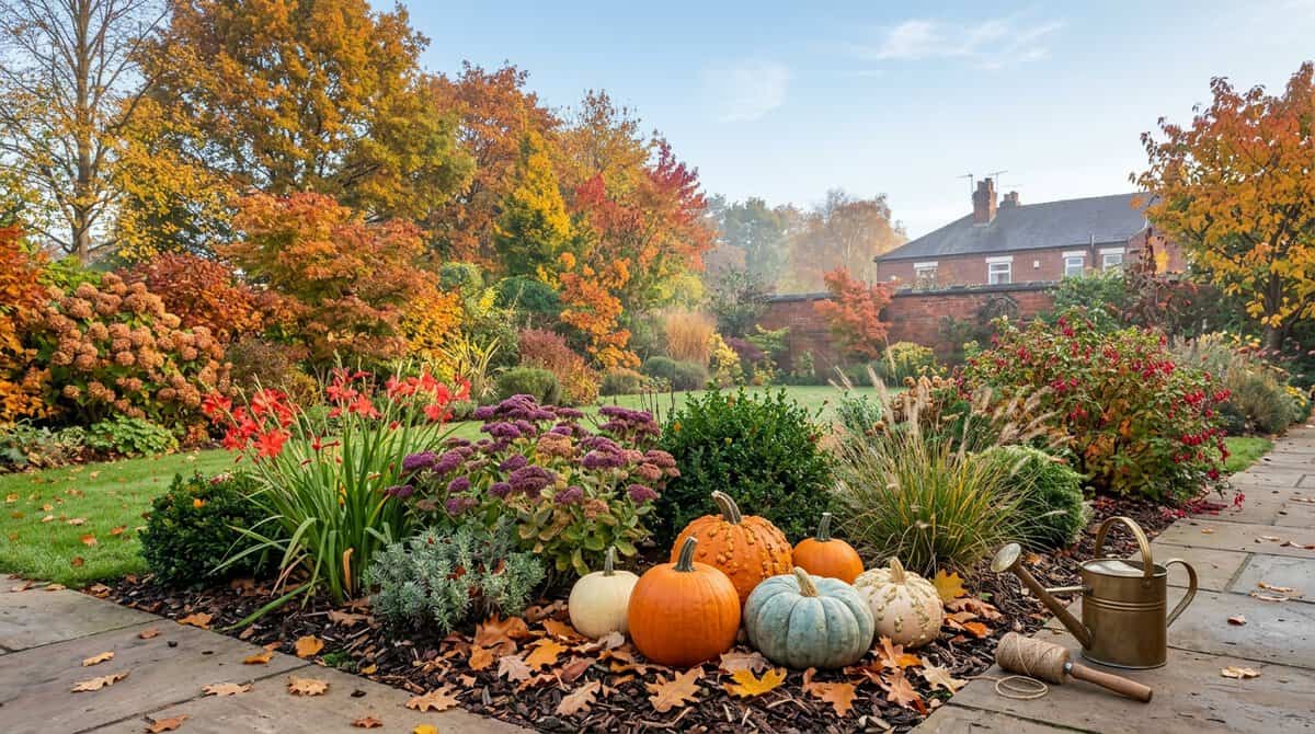 Well-maintained English garden in Stoke-on-Trent with rich autumn foliage and flower beds prepared for frost protection